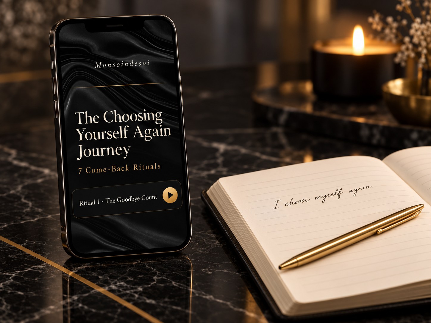 The Choosing Yourself Again Journey on a phone beside an open journal, on black marble with gold