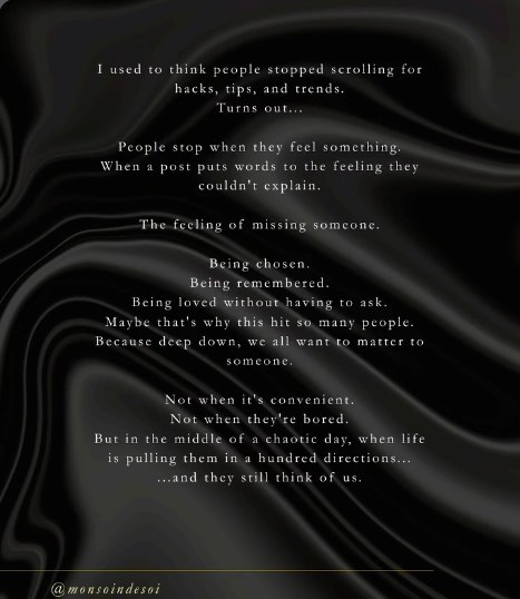 Her Instagram post on black marble: I used to think people stopped scrolling for hacks, tips, and trends. Turns out, people stop when they feel something.